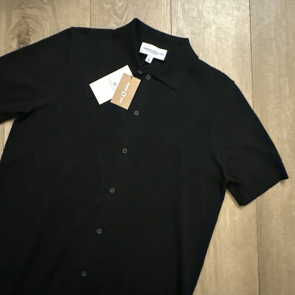 Thomas Sterling Men's Knit Short Sleeve Button Shirt Black Preppy Small